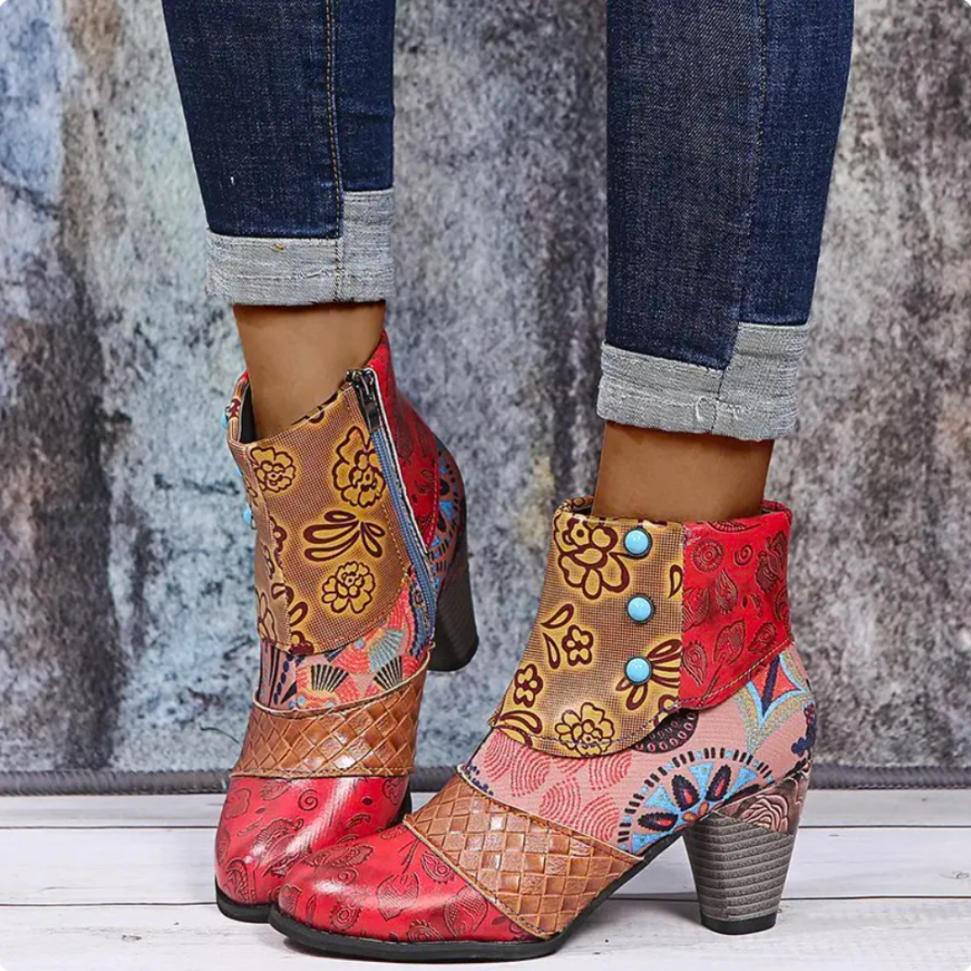 Botas de lluvia para mujeres Lauren - botas retro impermeables con tacón alto y patrón étnico para otoño