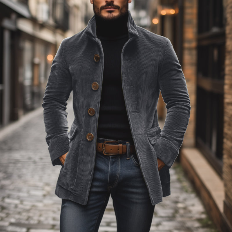 Emerson Manteau Hombre Terciopelo Acanalado – Corte Slim con Cuello Alto y Bolsillos Laterales Elegantes