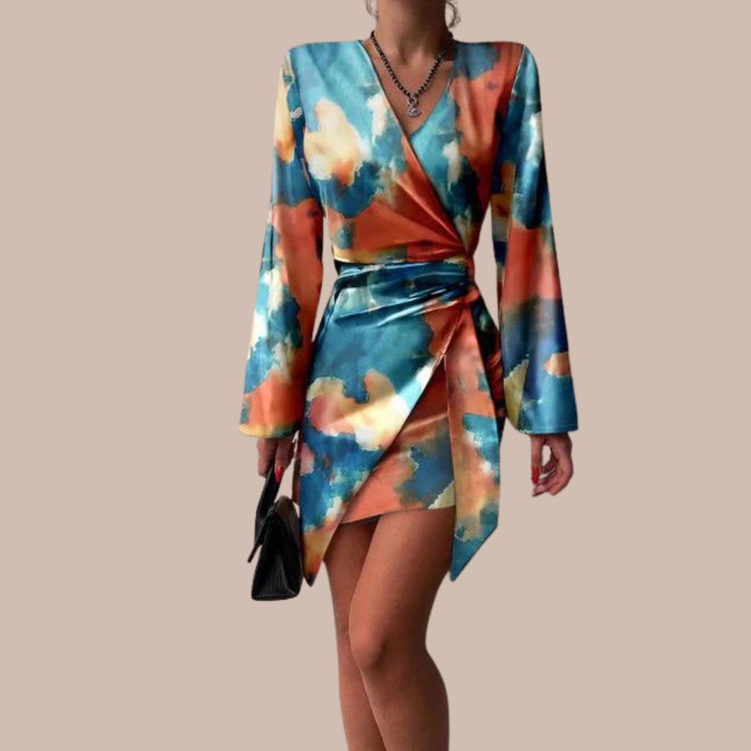 Jena Robe Portefeuille Femme – Imprimé Texte, Décolleté en V, Manches Longues Élégantes