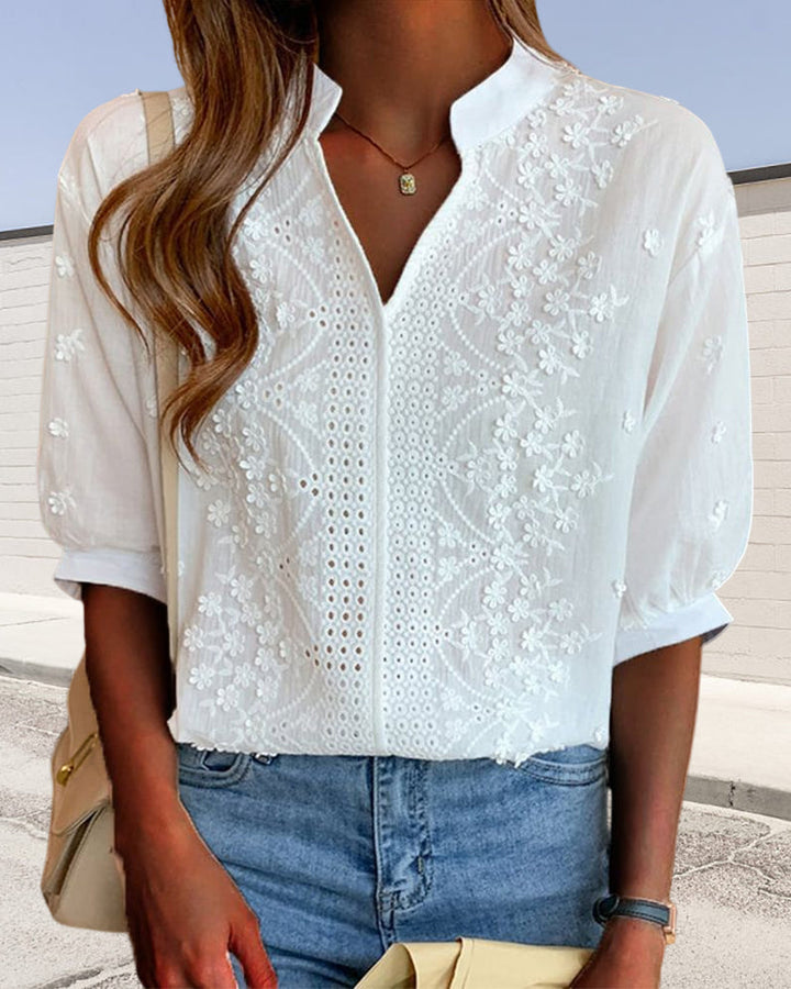 Blouse Femme Amélie – Haut à Col en V avec Manches Bouffantes, Coton Mélangé & Détails Patchwork