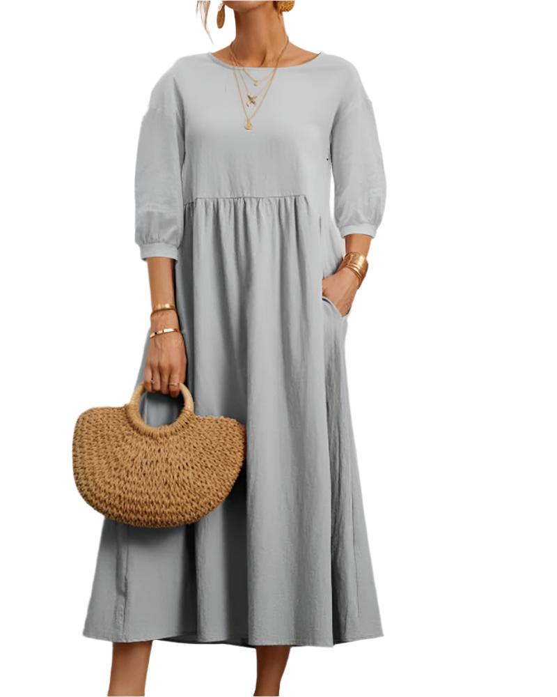 Flore Robe Midi Femme – Coton Lin Respirant, Col Rond, Manches Lanternes, Confort Estival