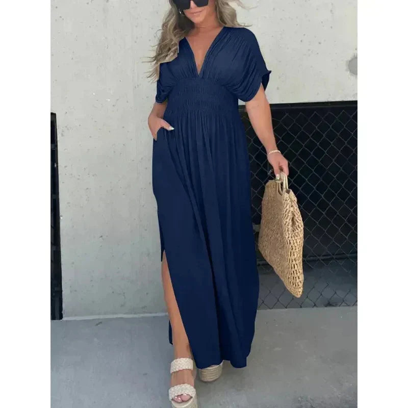 Trina Robe Longue Col V – Élégante Robe Maxi Léger pour Été & Vacances Femme