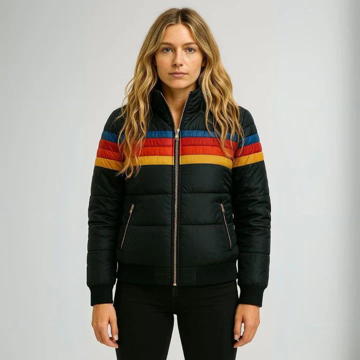 Scarlett Doudoune Femme Rétro – Manteau d’Hiver Multicolore avec Capuche et Fermeture Éclair