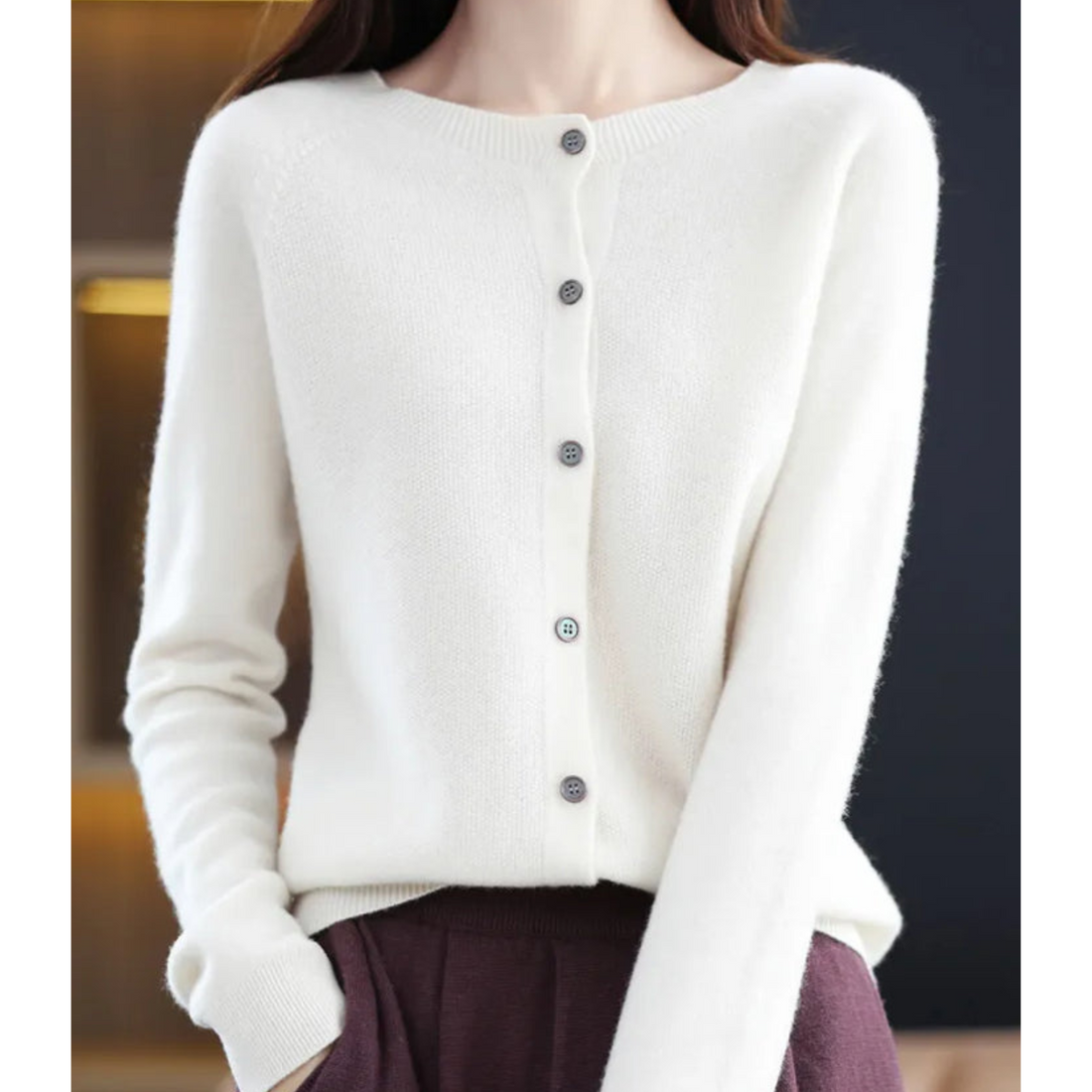 Mercy Cardigan Femme – Gilet Élégant en Laine Mérinos & Cachemire Doux à Col Rond