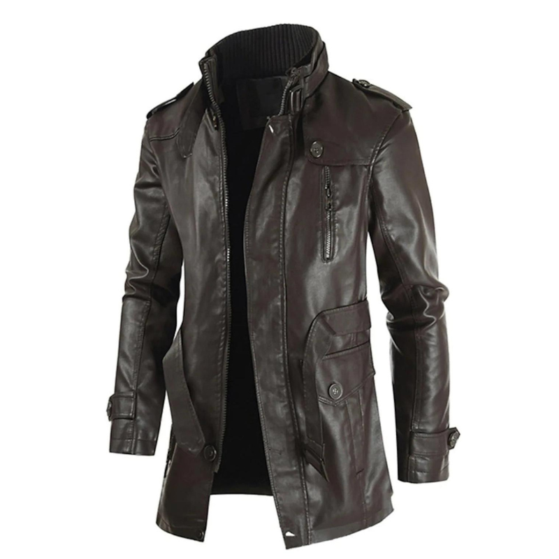 Nio Men's Long Leather Coat – Vintage Double-Breasted, Elegant & Warm