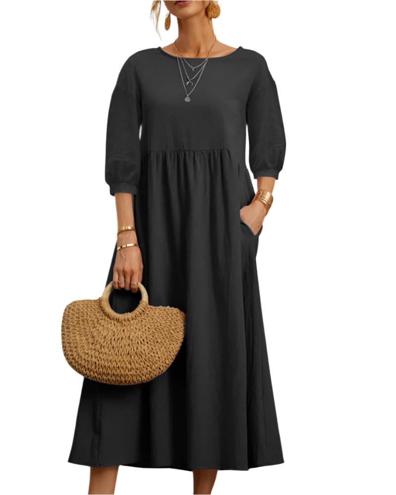 Flore Robe Midi Femme – Coton Lin Respirant, Col Rond, Manches Lanternes, Confort Estival