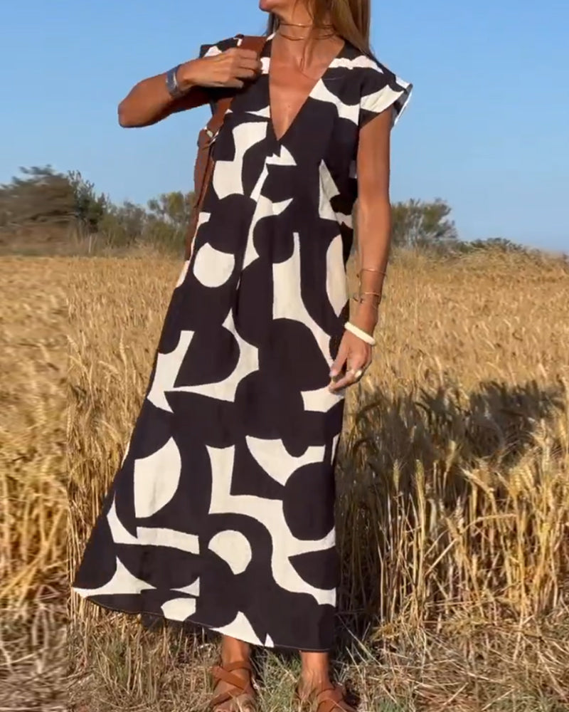 Abito sciolto da donna Sita - Stampa astratta in bianco e nero con scollo a V profondo