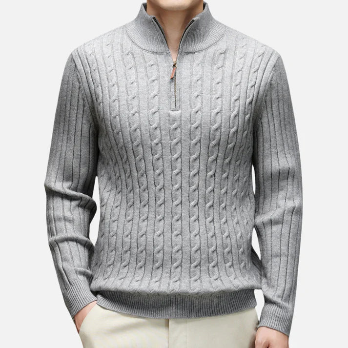 Chaud Pull à Col Polo Zippé à Moitié en Tricot Côtelé Pour Hommes