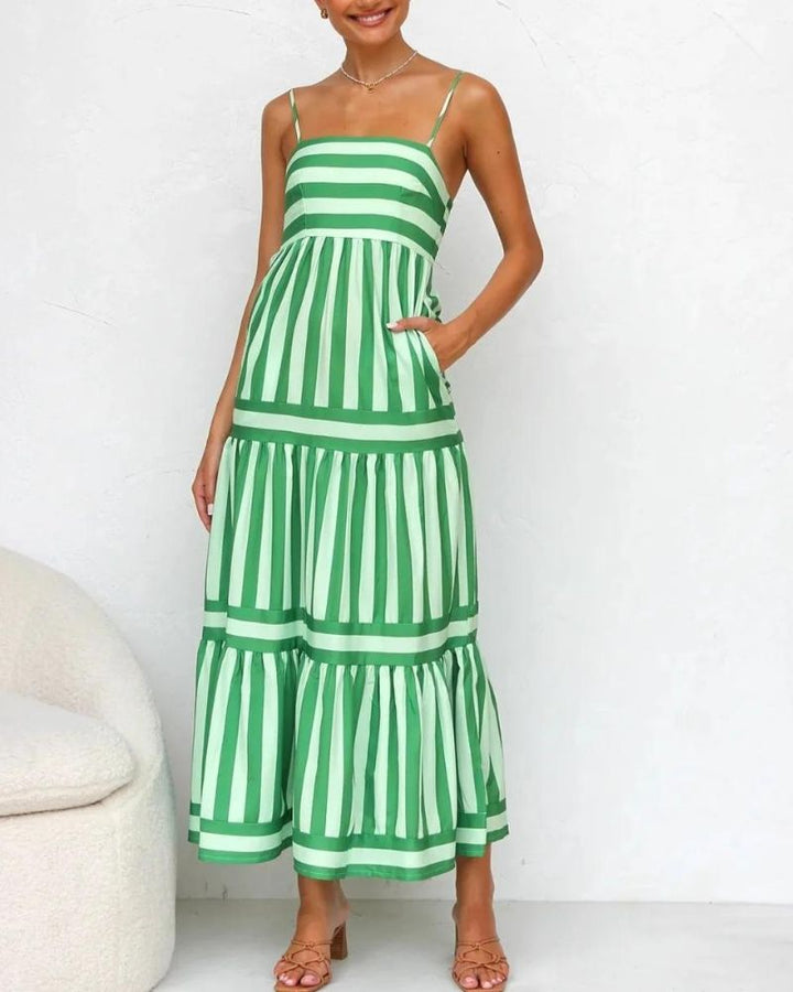 Robe d’Été Femme Viera – Robe Rayée avec Bretelles Réglables, Poches & Jupe à Étages