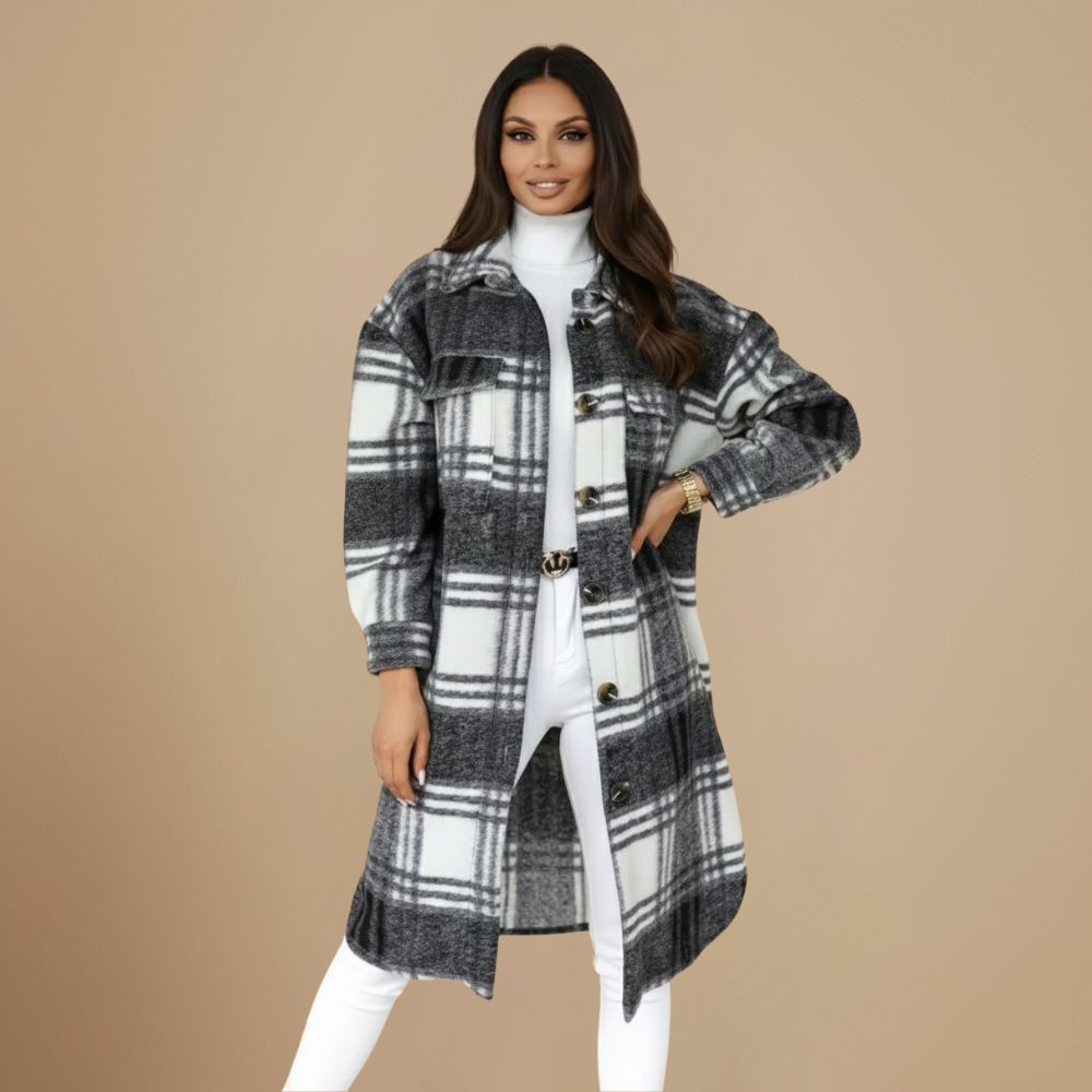 Jody Women's Plaid Coat – Long Oversized Jacket in Mixed Wool Shacket Style