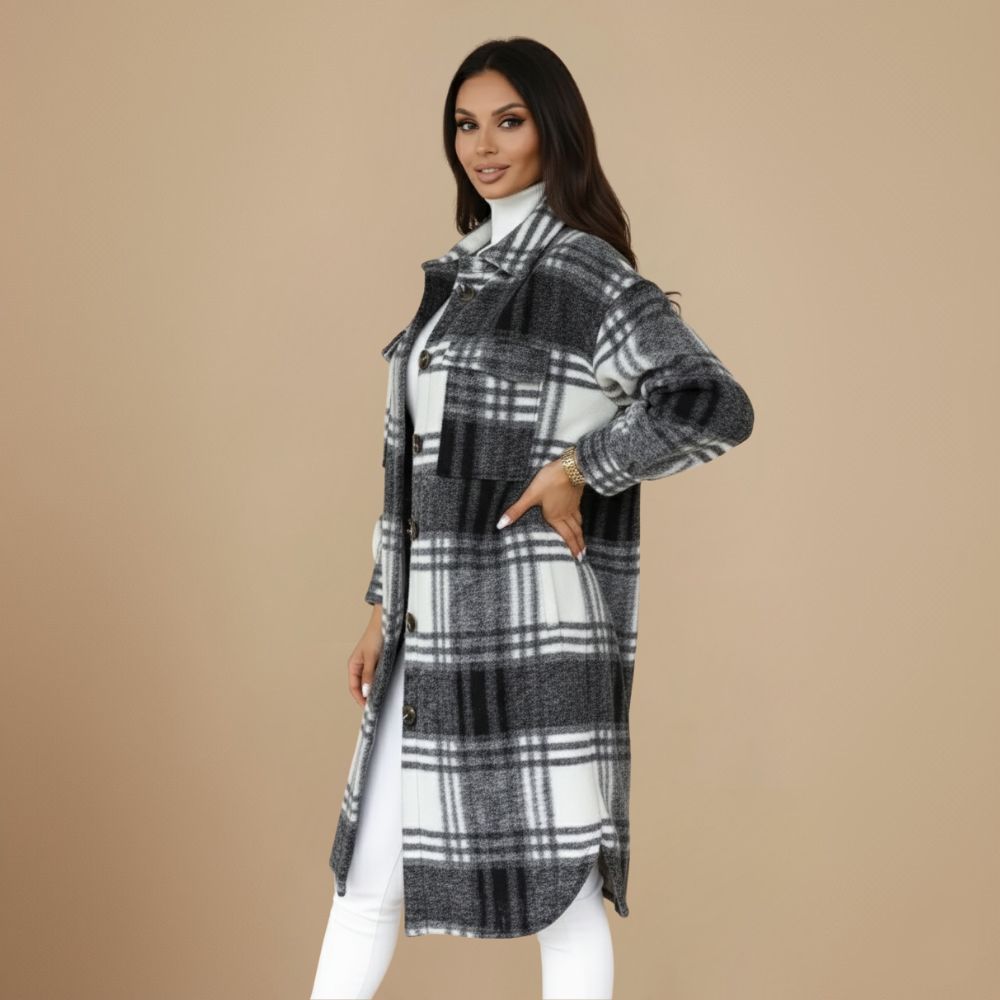 Jody Women's Plaid Coat – Long Oversized Jacket in Mixed Wool Shacket Style