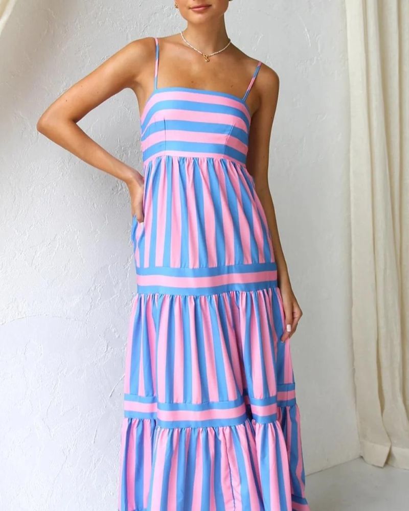 Vista Viera Woman Summer - Vestido a rayas con correas, bolsillos y pisos ajustables