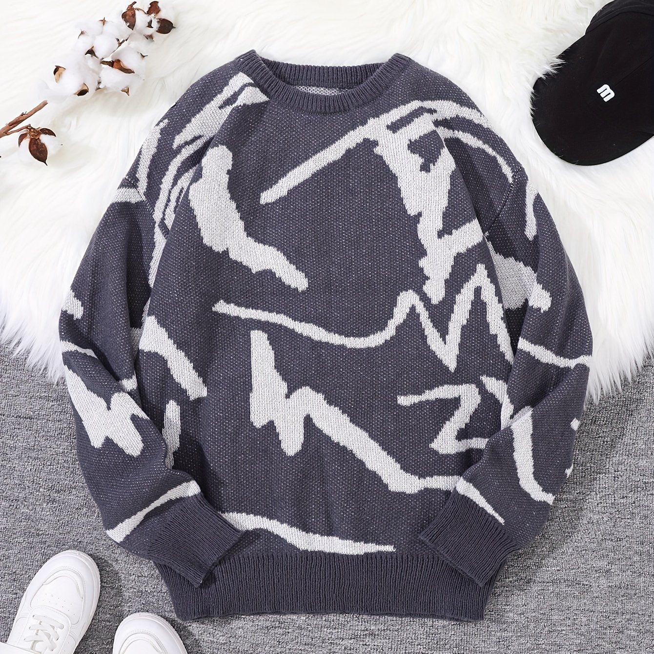 Luca Oversize Herre Trøje med Abstrakt Mønster – Blødt Strik, Moderne Kunstnerisk Stil