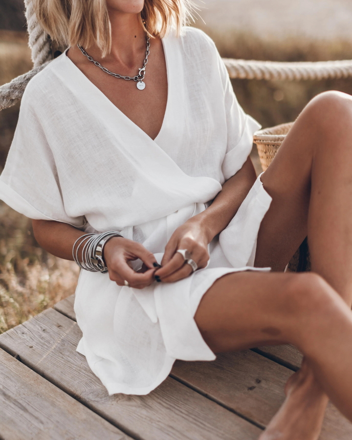 Vestido de Kimono Woman Anny - Vestido de verano ligero en lino con mangas anchas y estampado salvaje