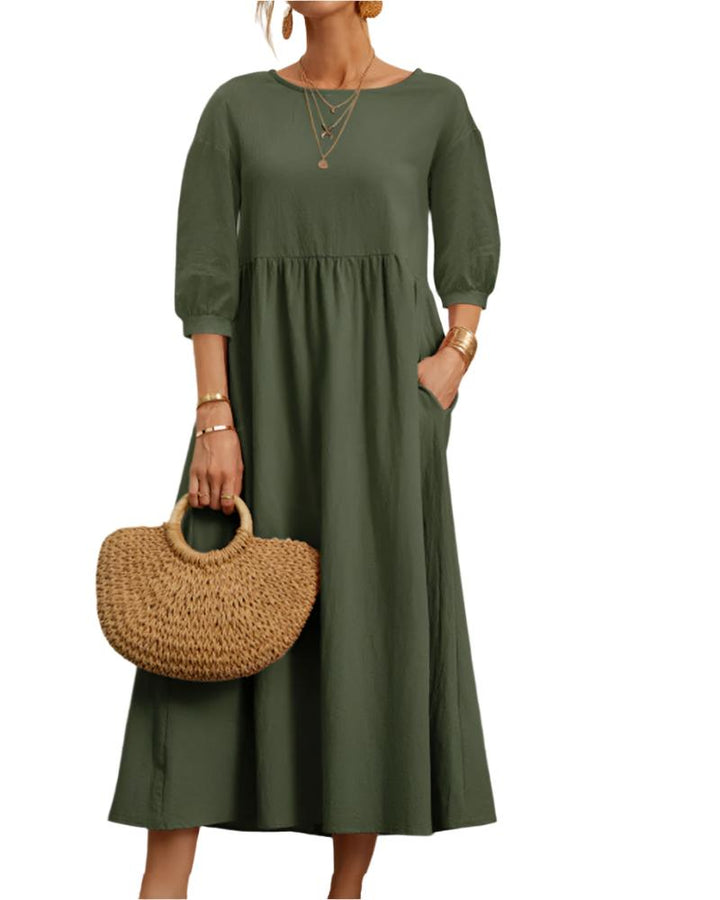 Flore Robe Midi Femme – Coton Lin Respirant, Col Rond, Manches Lanternes, Confort Estival