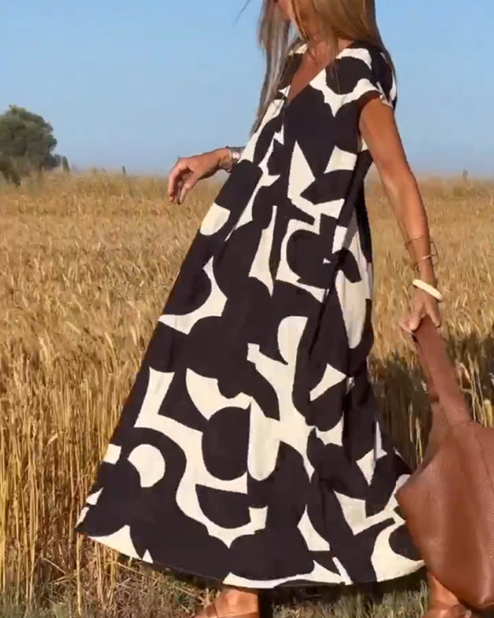 Sita Robe Ample Femme – Imprimé Abstrait Noir & Blanc avec Décolleté en V Profond