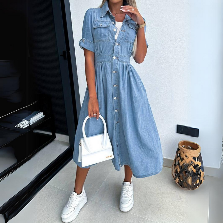 Eloise Women's Denim Dress - Abito da camicia blu leggera di cotone con taglio aderente