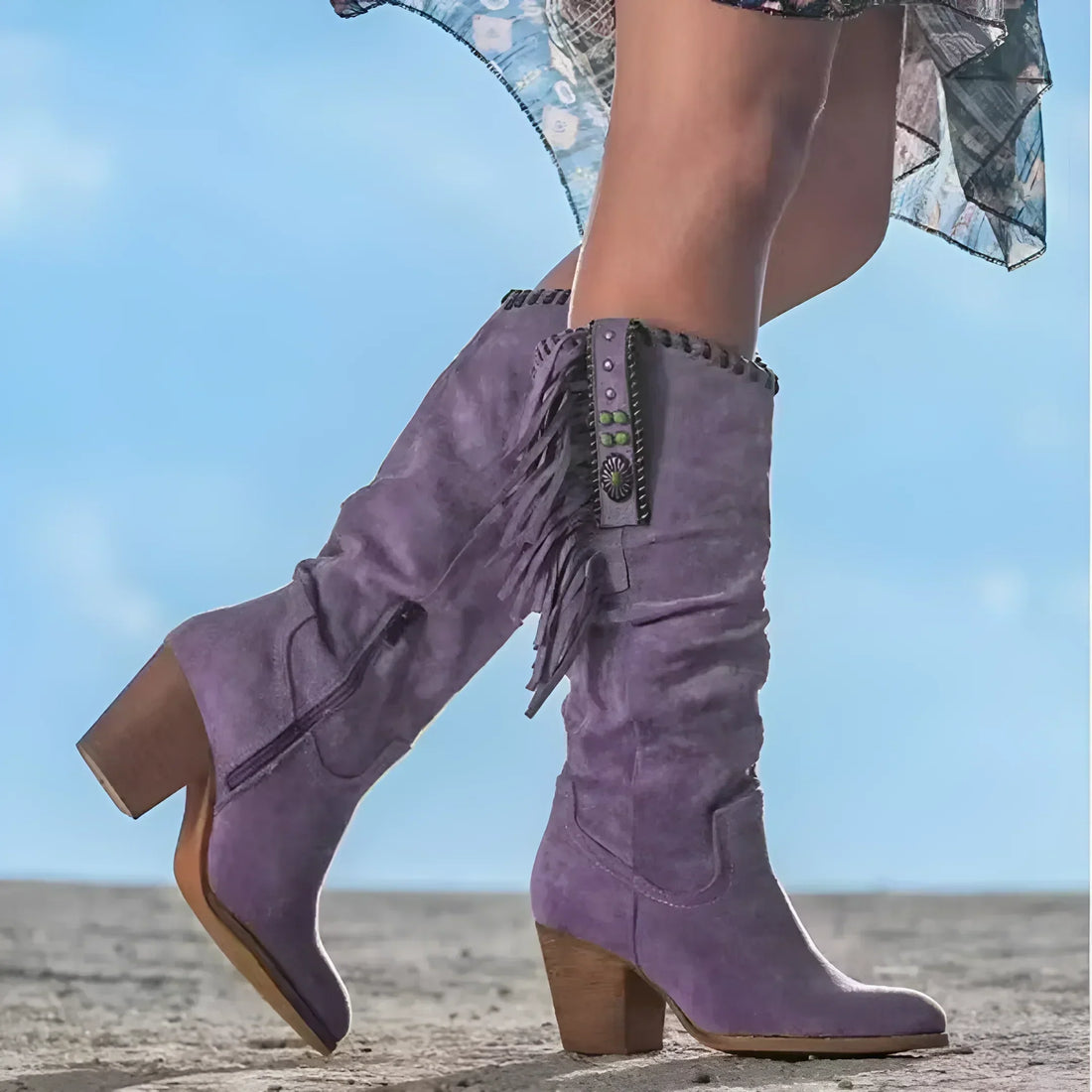 Nathalie Bottes Femme – Bottes de Cowboy en Cuir Véritable avec Franges & Talon Épais