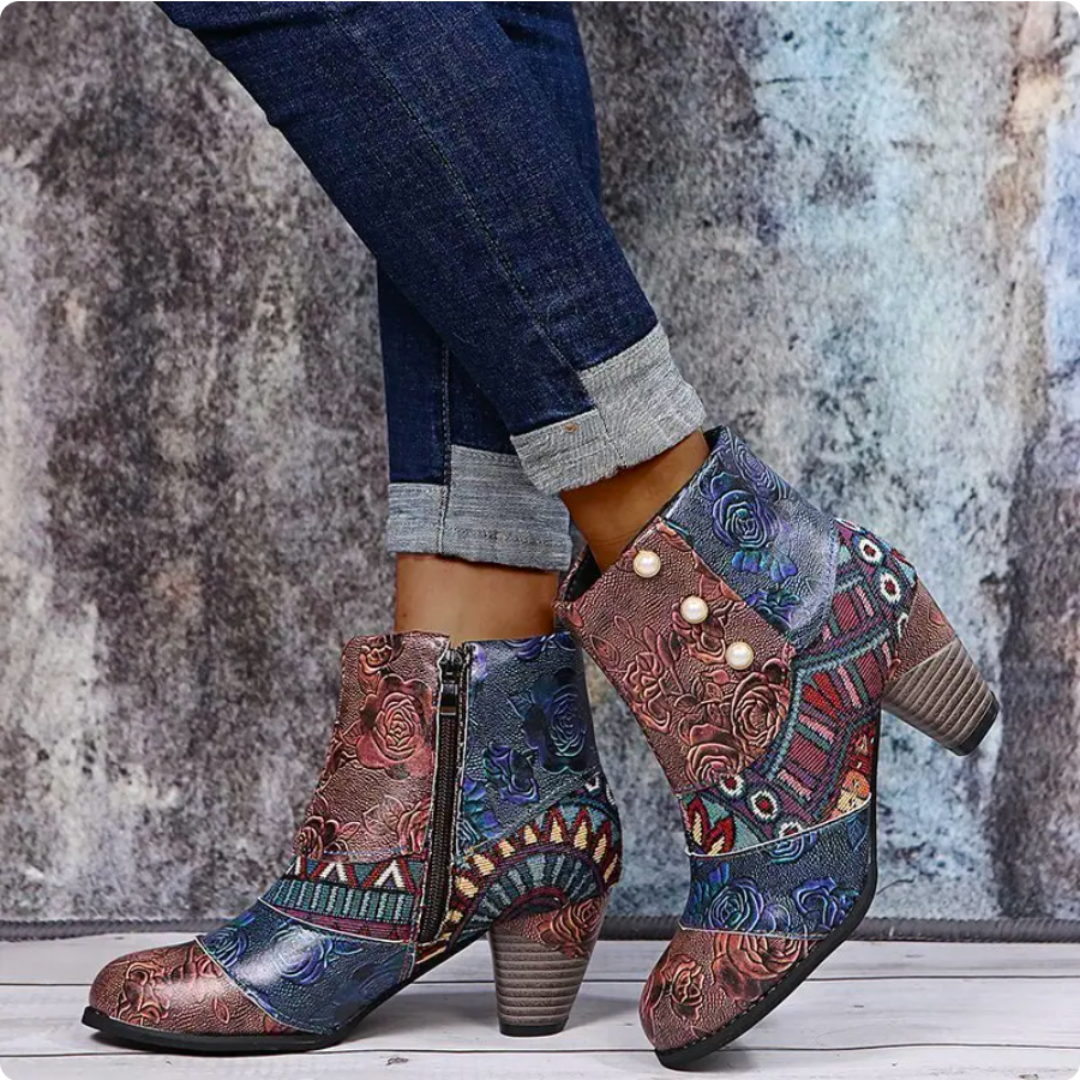 Botas de lluvia para mujeres Lauren - botas retro impermeables con tacón alto y patrón étnico para otoño