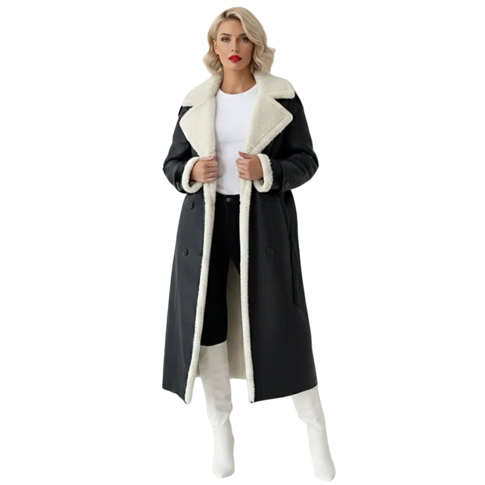 Rinna Long Coat for Women – Double-Breasted Suede Effect Jacket with Lined Collar & Chic Style
