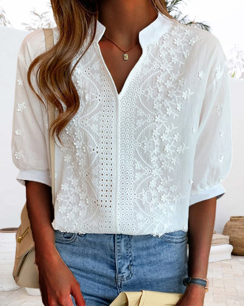 Blouse Femme Amélie – Haut à Col en V avec Manches Bouffantes, Coton Mélangé & Détails Patchwork