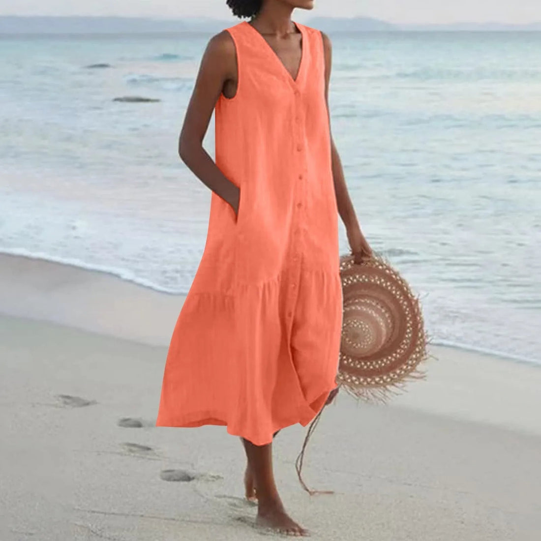 Robe d’Été Femme Lena – Élégante Robe à Col en V avec Coupe Aérée & Design Intemporel