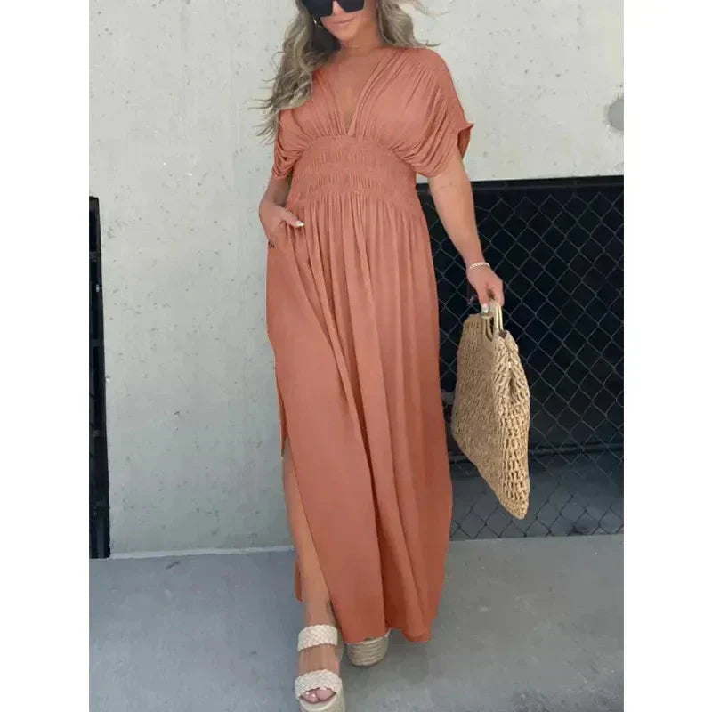 Trina Robe Longue Col V – Élégante Robe Maxi Léger pour Été & Vacances Femme