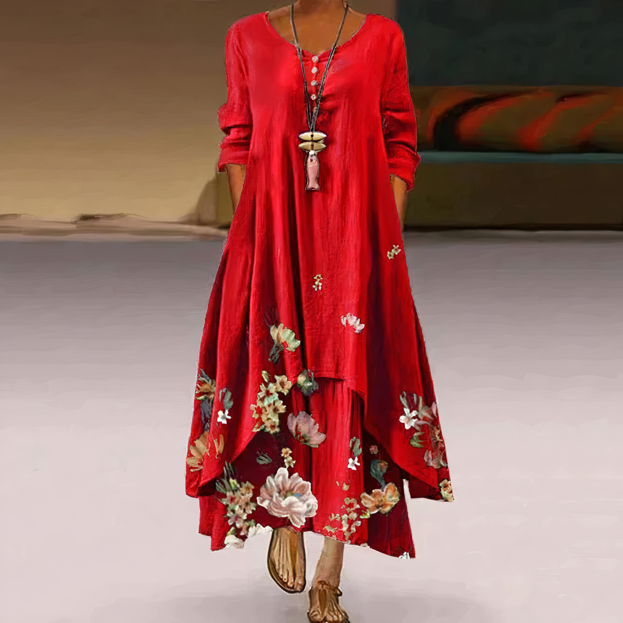 Vestido largo de Tania: elegante vestido florido con bordado y hendidura para un look de verano