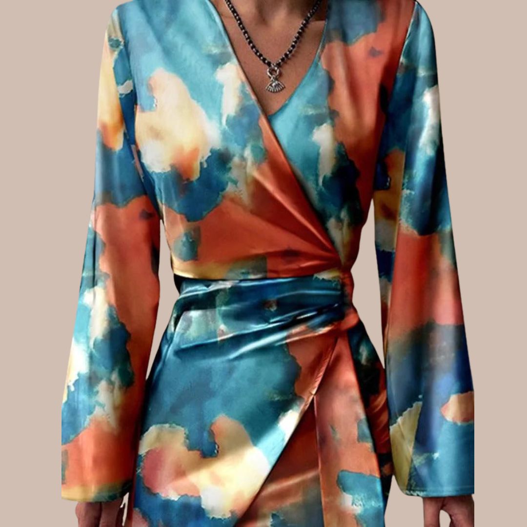 Jena Robe Portefeuille Femme – Imprimé Texte, Décolleté en V, Manches Longues Élégantes