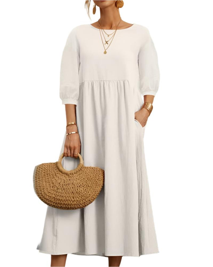 Flore Robe Midi Femme – Coton Lin Respirant, Col Rond, Manches Lanternes, Confort Estival