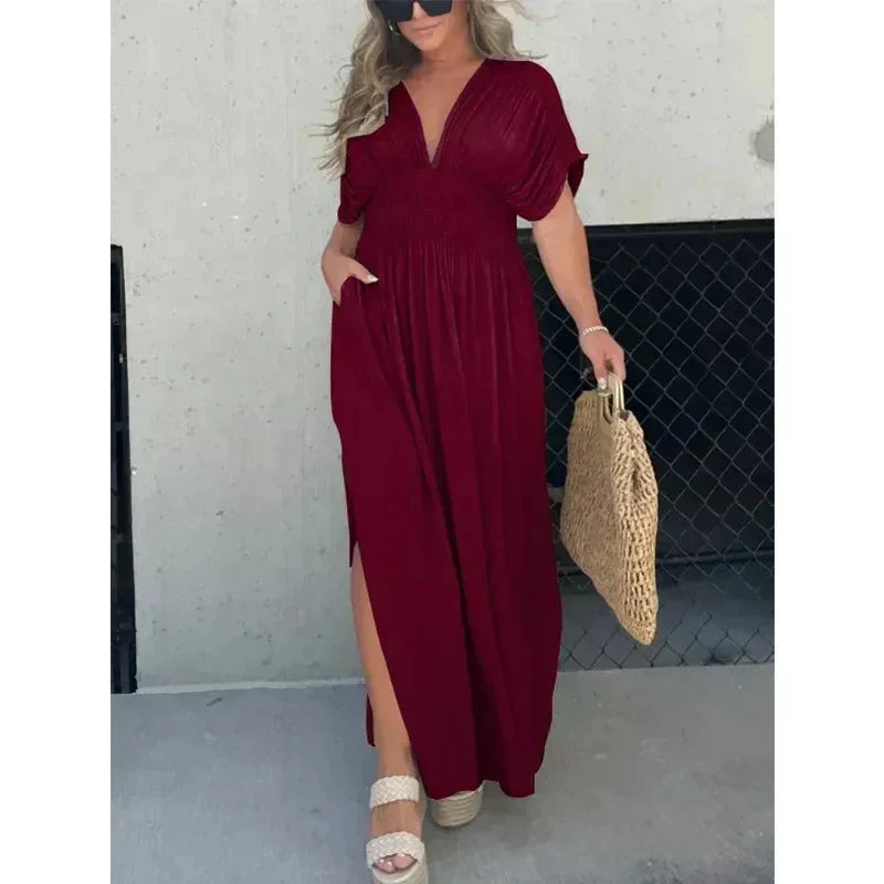 Trina Robe Longue Col V – Élégante Robe Maxi Léger pour Été & Vacances Femme