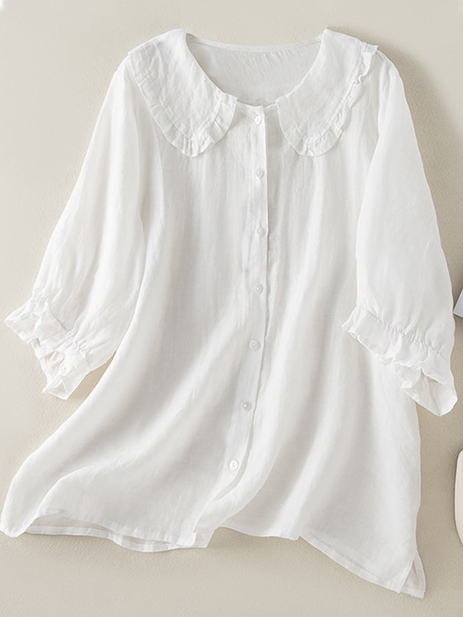 Jillian Blouse Femme – Chemise Ample en Coton-Lin avec Col Claudine à Volants Chic