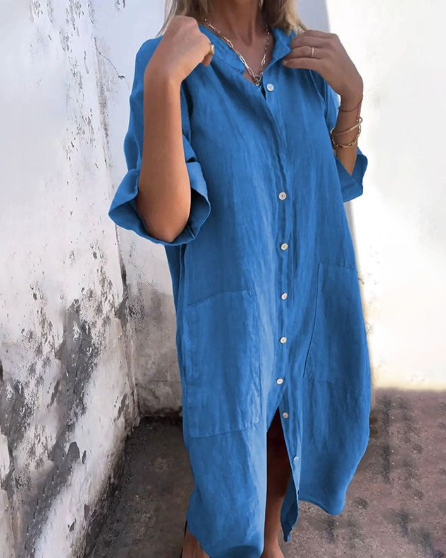 Robe Longue Femme Meiva – Robe Chemise Aérienne en Coton-Lin avec Boutonnage & Ourlet Long