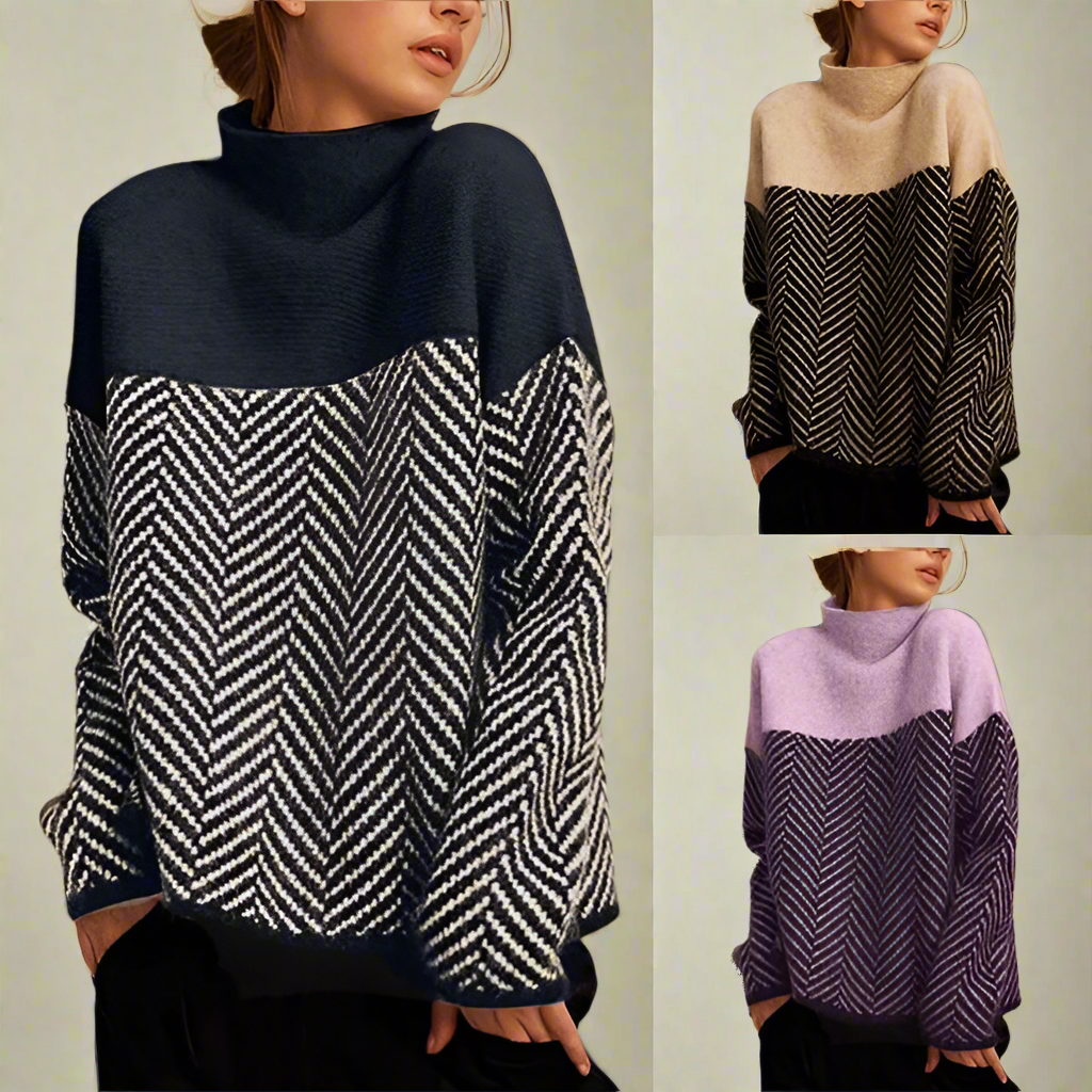 Stella Femme Pull Col Roulé – Pull Chaud à Motif Chevron Élégant & Confortable pour Hiver
