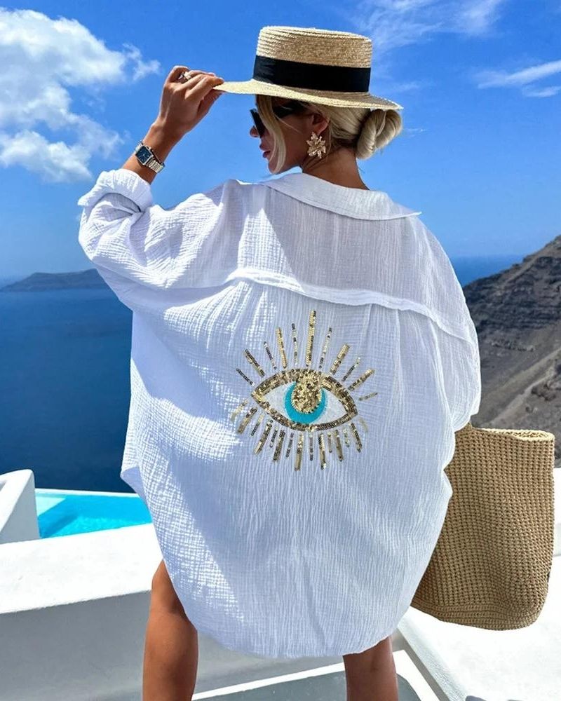 Gelli Chemise Oversize Femme – Broderie Œil en Sequins & Tissu Léger Respirant