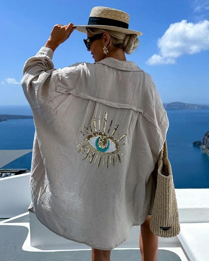 Cămașă Gelli Oversize pentru femei – Broderie Ochi cu paiete & Țesătură ușoară respirabilă