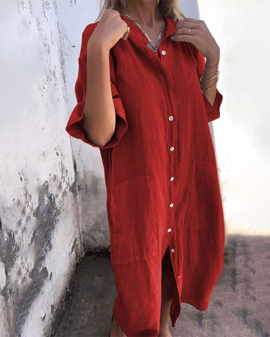 Robe Longue Femme Meiva – Robe Chemise Aérienne en Coton-Lin avec Boutonnage & Ourlet Long
