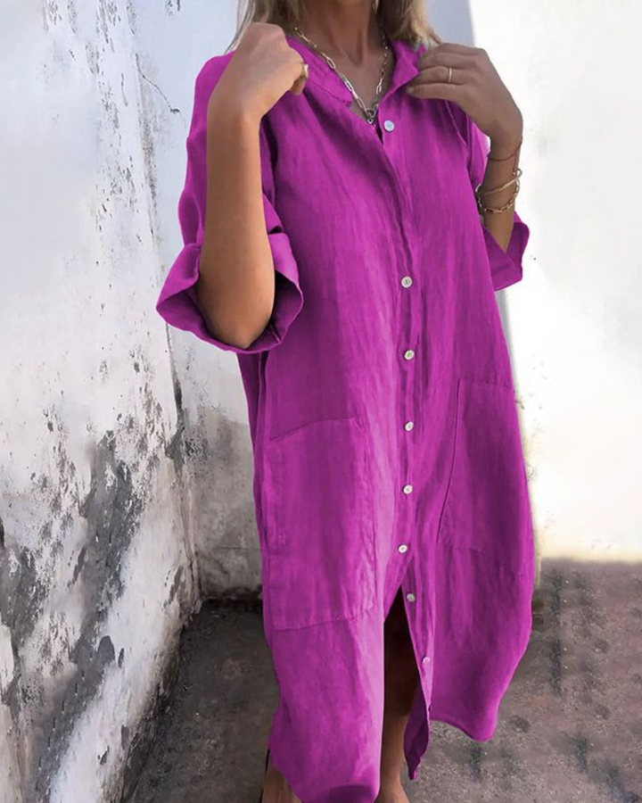 Robe Longue Femme Meiva – Robe Chemise Aérienne en Coton-Lin avec Boutonnage & Ourlet Long