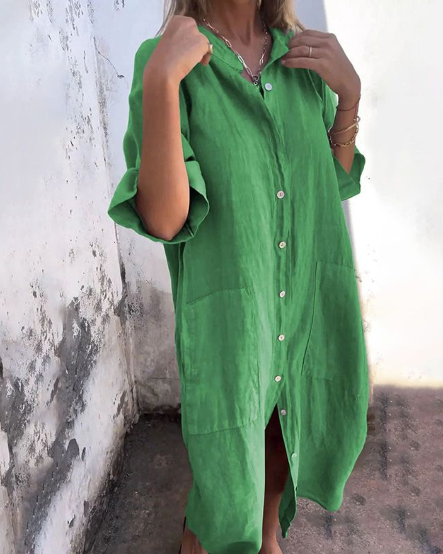 Robe Longue Femme Meiva – Robe Chemise Aérienne en Coton-Lin avec Boutonnage & Ourlet Long