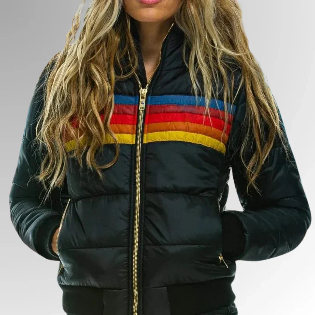 Scarlett Retro Women's Down Jacket – Multicolored Winter Coat with Hood and Zipper Closure