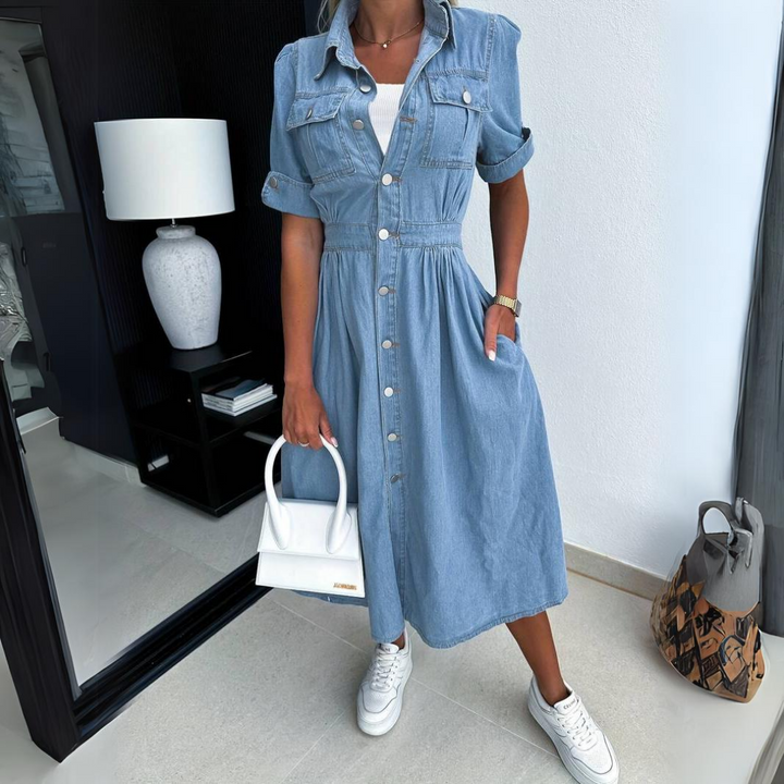 Eloise Women's Denim Dress - Abito da camicia blu leggera di cotone con taglio aderente