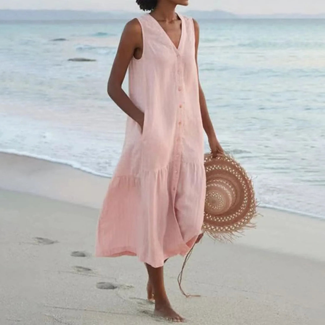 Robe d’Été Femme Lena – Élégante Robe à Col en V avec Coupe Aérée & Design Intemporel