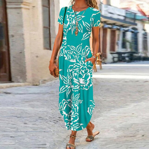 Caroline Robe Maxi Femme – Coton & Lin, Coupe Fluide et Motif Intemporel