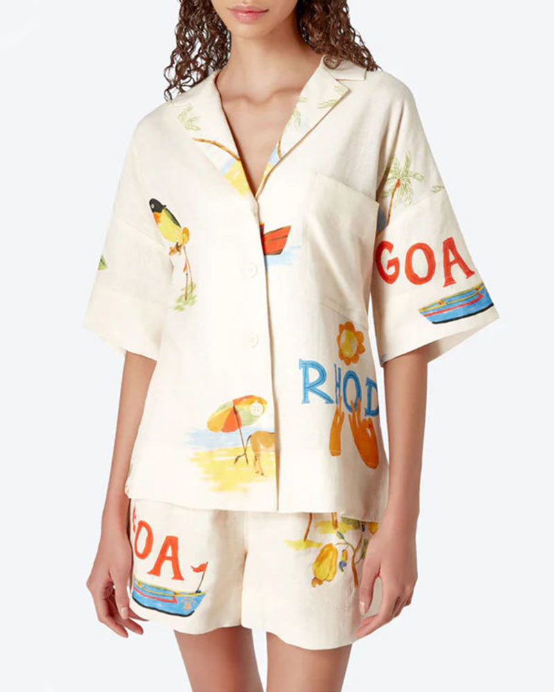 Set de lino para mujeres Stella: verano coordinado con estampado tropical, camisa ligera y pantalones cortos cómodos