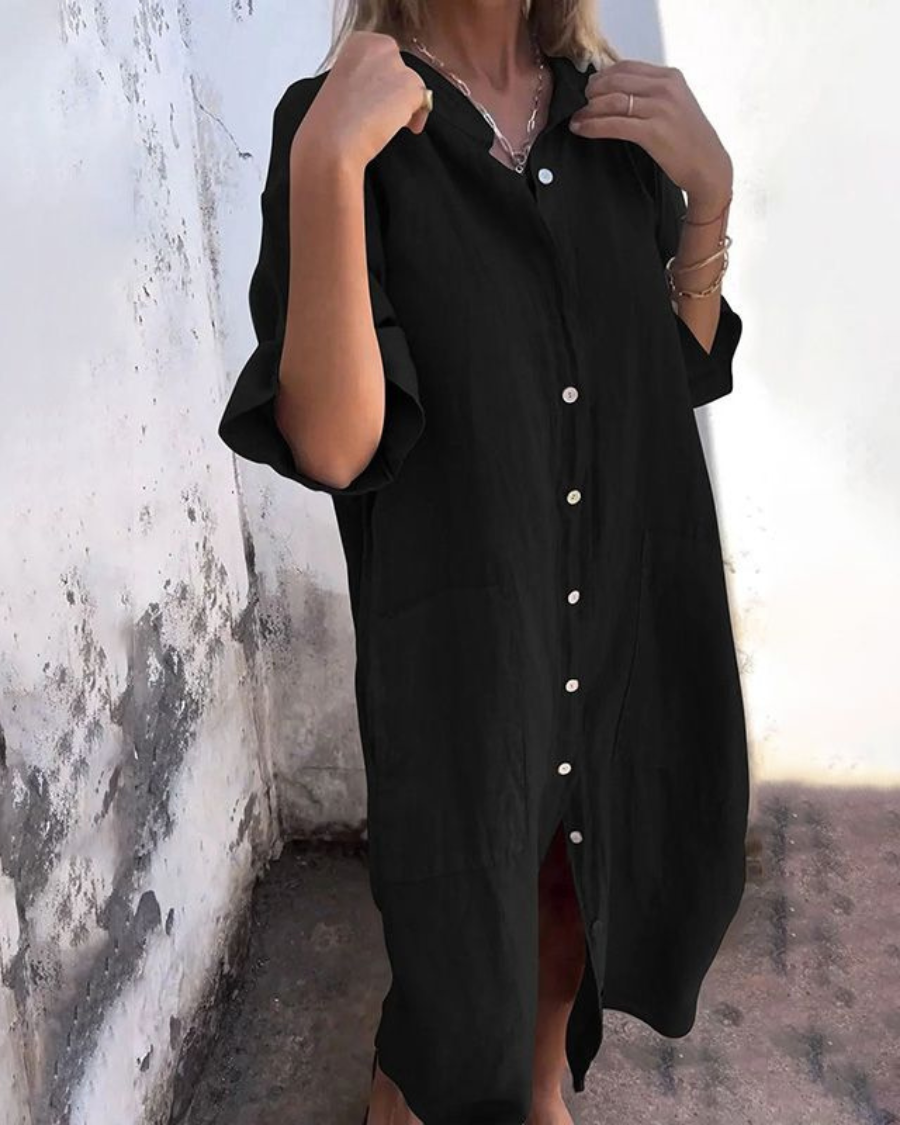 Robe Longue Femme Meiva – Robe Chemise Aérienne en Coton-Lin avec Boutonnage & Ourlet Long