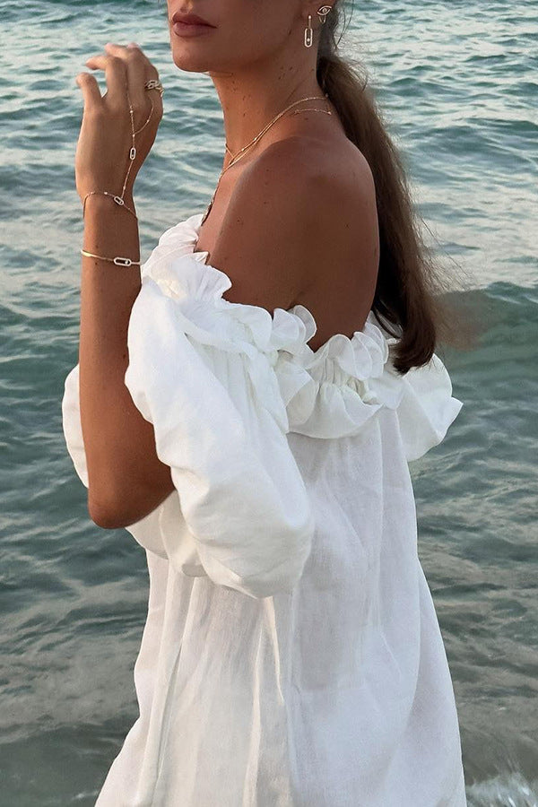 Valentina Robe Maxi Femme – Robe Boho Épaules Dénudées en Coton avec Volants & Encolure Bardot