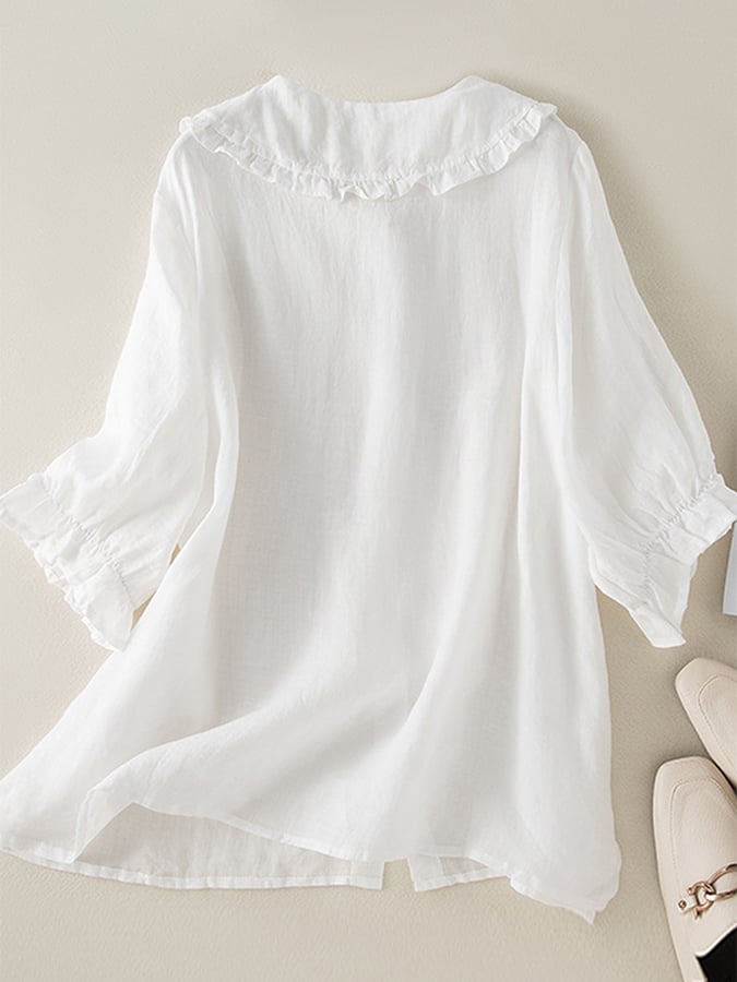 Jillian Blouse Femme – Chemise Ample en Coton-Lin avec Col Claudine à Volants Chic