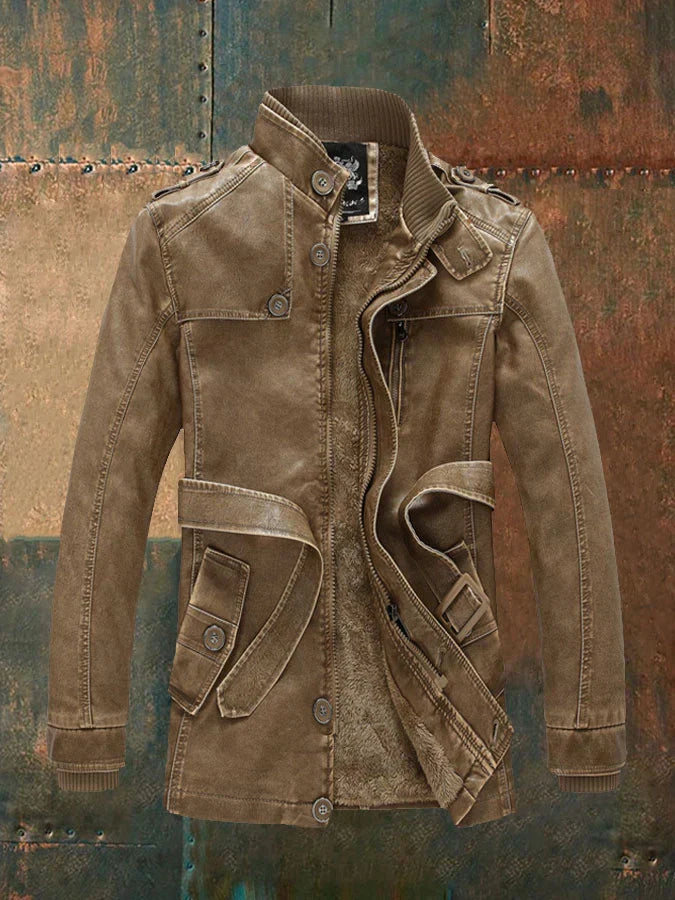 Chaqueta de cuero vintage Shon para hombre: estilo retro con forro cálido y botones clásicos.