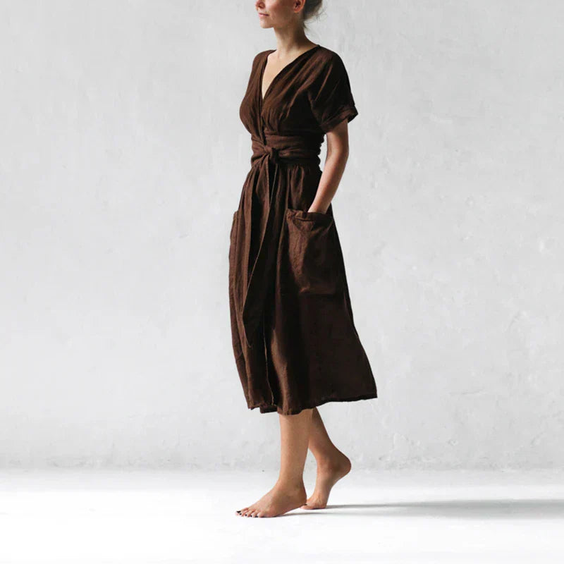 Vestido de lino para mujeres de Savannah - Vestido de billetera de manga corta con corte elegante y relajado