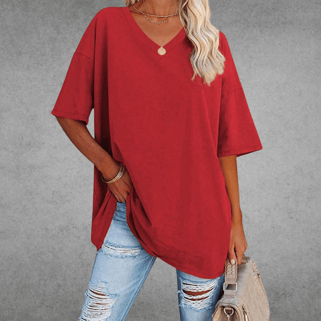 Ninon T-shirt Oversize Femme – Design confortable à col en V & tissu léger et respirant
